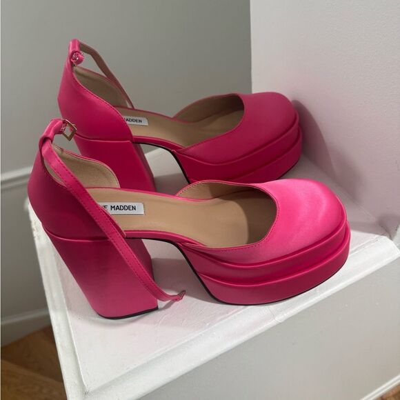 Steve Madden Charlize Pink Satin Double Platform Ankle Strap Pumps - Picture 11 of 11